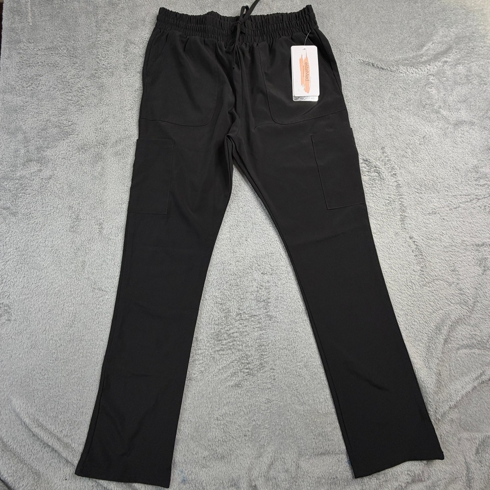 NWT eliteMed Performance Womens Scrub Pants Black Cargo Elastic Waist Size M